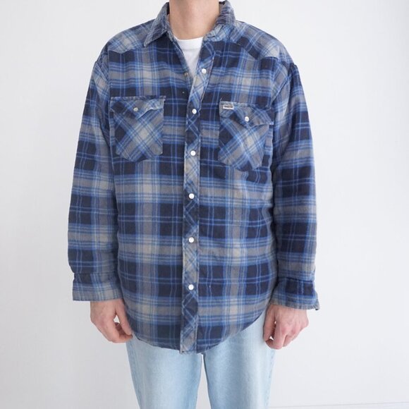 Vintage Kodiak Navy Gray Plaid Quilt Lined Snap Button Outdoor Shacket Large - Picture 1 of 12